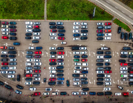 Aerial view of a terminal lot used for terminal-to-terminal auto transport services